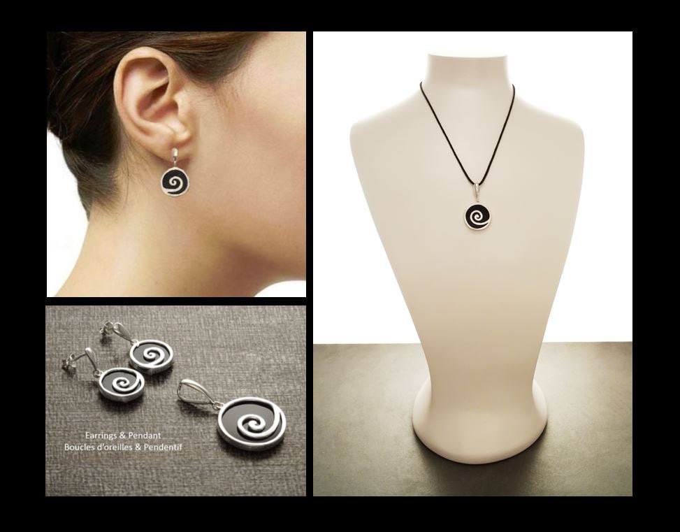 Black Spiral Pendant, Sterling Silver, Onyx Pendant, Black Stone Pendant, Geometric Spiral Jewelry