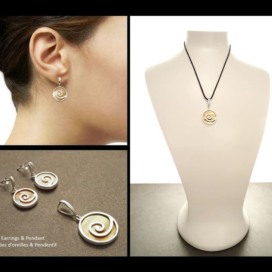 Spiral Earrings and Pendant Set, Sterling Silver, Swirl Jewelry, Copper Color Paua Shell, Jewelry, Boho Jewelry.