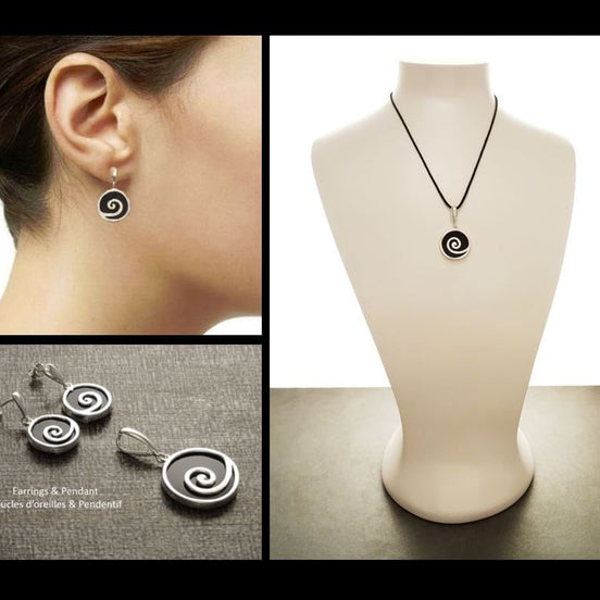 Black Spiral Round Earrings Set, Sterling Silver, Black Onyx Stone, Modern Round Swirl Jewelry, Modern Design Pendant and Earrings Set