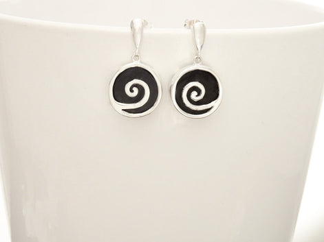 Black Spiral Round Earrings Set, Sterling Silver, Black Onyx Stone, Modern Round Swirl Jewelry, Modern Design Pendant and Earrings Set