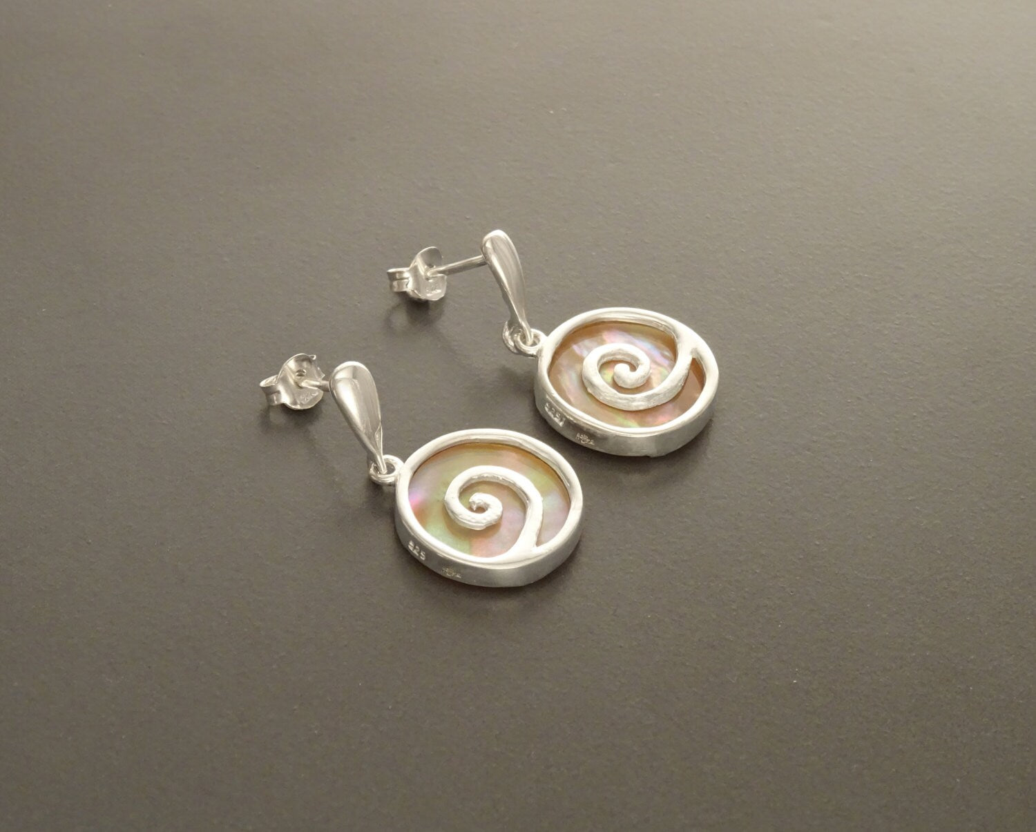 Paua Shell Spiral earrings, Sterling Silver, Dangle Earrings, Geometric, Round, GENUINE Brown Gold Mother of Pearl with Rainbow Colors