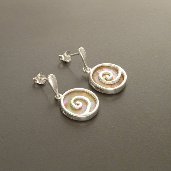 Paua Shell Spiral earrings, Sterling Silver, Dangle Earrings, Geometric, Round, GENUINE Brown Gold Mother of Pearl with Rainbow Colors