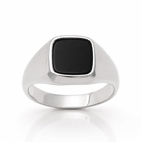 Bague chevalière onyx noir • Argent 925 • Anneau pierre carré • Bijou unisexe minimaliste élégant
