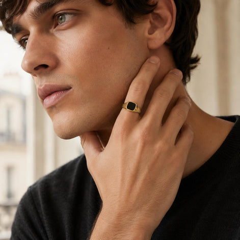 Bague chevalière onyx noir • Argent 925 • Anneau pierre carré • Bijou unisexe minimaliste élégant