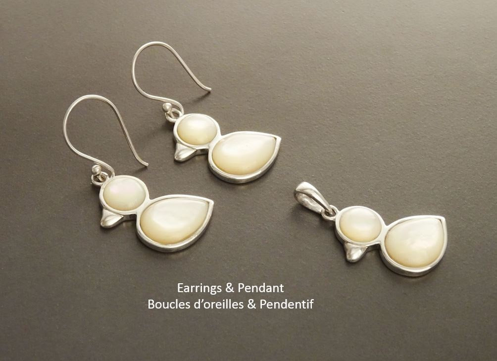 Bird Earrings, Sterling Silver, Animal, Earrings Set, genuine White Mother-of Pearl Shell, Duck Earrings Set, Cute birdy Pendant