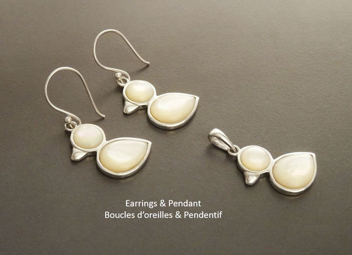 Bird Earrings, Sterling Silver, Animal, Earrings Set, genuine White Mother-of Pearl Shell, Duck Earrings Set, Cute birdy Pendant