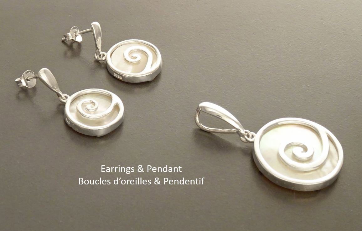 White Round earrings Sterling Silver- Spiral Dangle Earrings - Mother of Pearl Shell Jewelry - Modern Stone Earrings