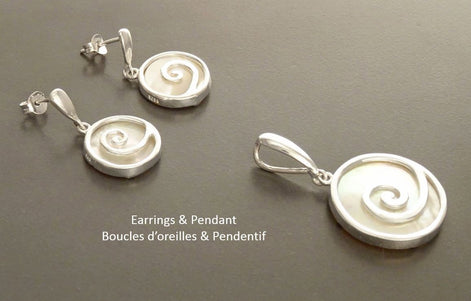 White Round earrings Sterling Silver- Spiral Dangle Earrings - Mother of Pearl Shell Jewelry - Modern Stone Earrings