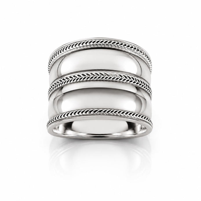Bague armure Bali • Anneau Large bombé en argent 925 • Motif tressé • Bijou tribal unisexe