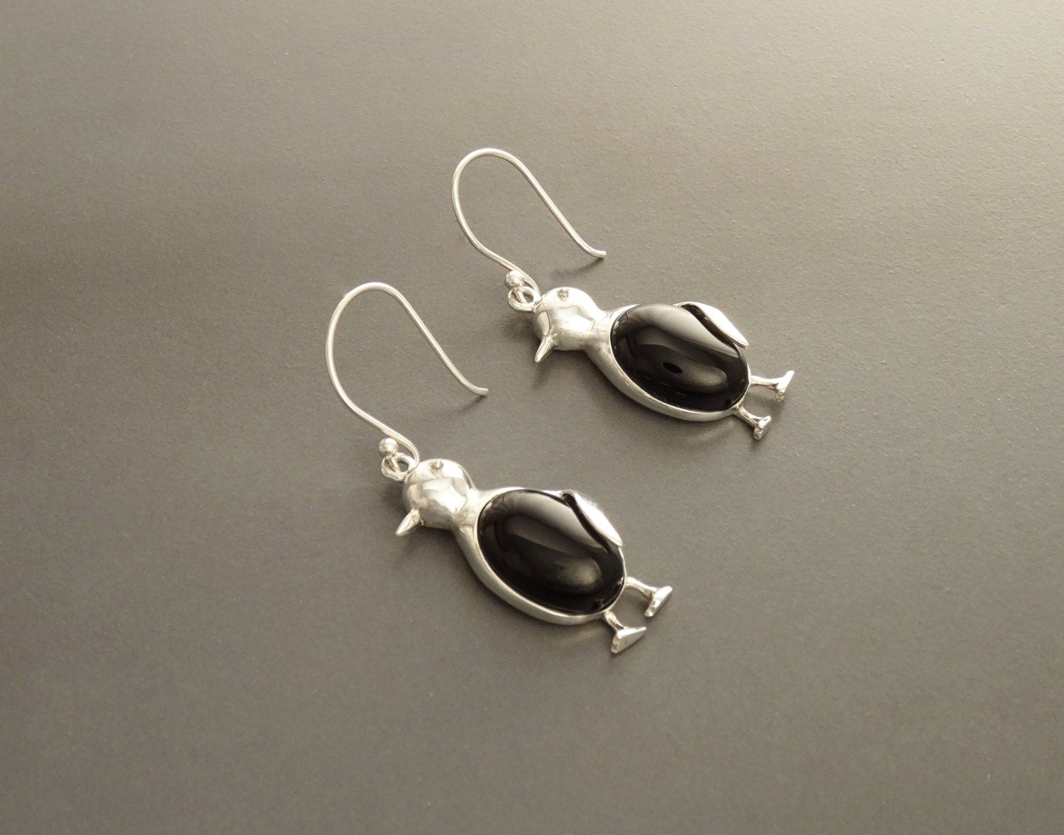 Penguin Bird Earrings - Sterling Silver, Gemstone earrings, Black Onyx Earrings, Onyx Jewelry, Bird Earrings, Animal, Artic Animals jewelry.