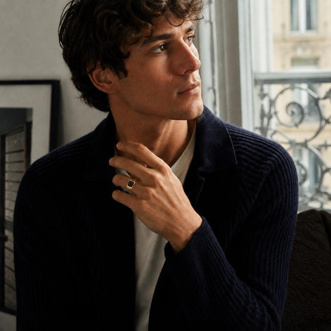 Chevalière onyx noir • Plaqué Or 18K • Bague homme moderne • Anneau pierre carré noire • bijoux unisexe