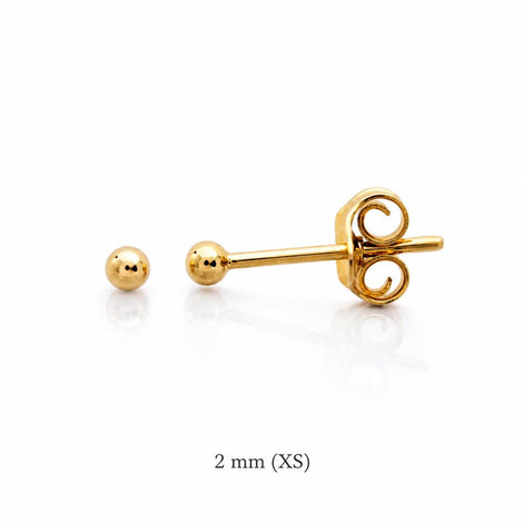 Boucles classiques Boule • Plaqué Or 18K • Clous d'oreilles boules sphère • Huit tailles : 2 mm, 3 mm, 4 mm, 5 mm, 6 mm, 8 mm, 10 mm, 12 mm