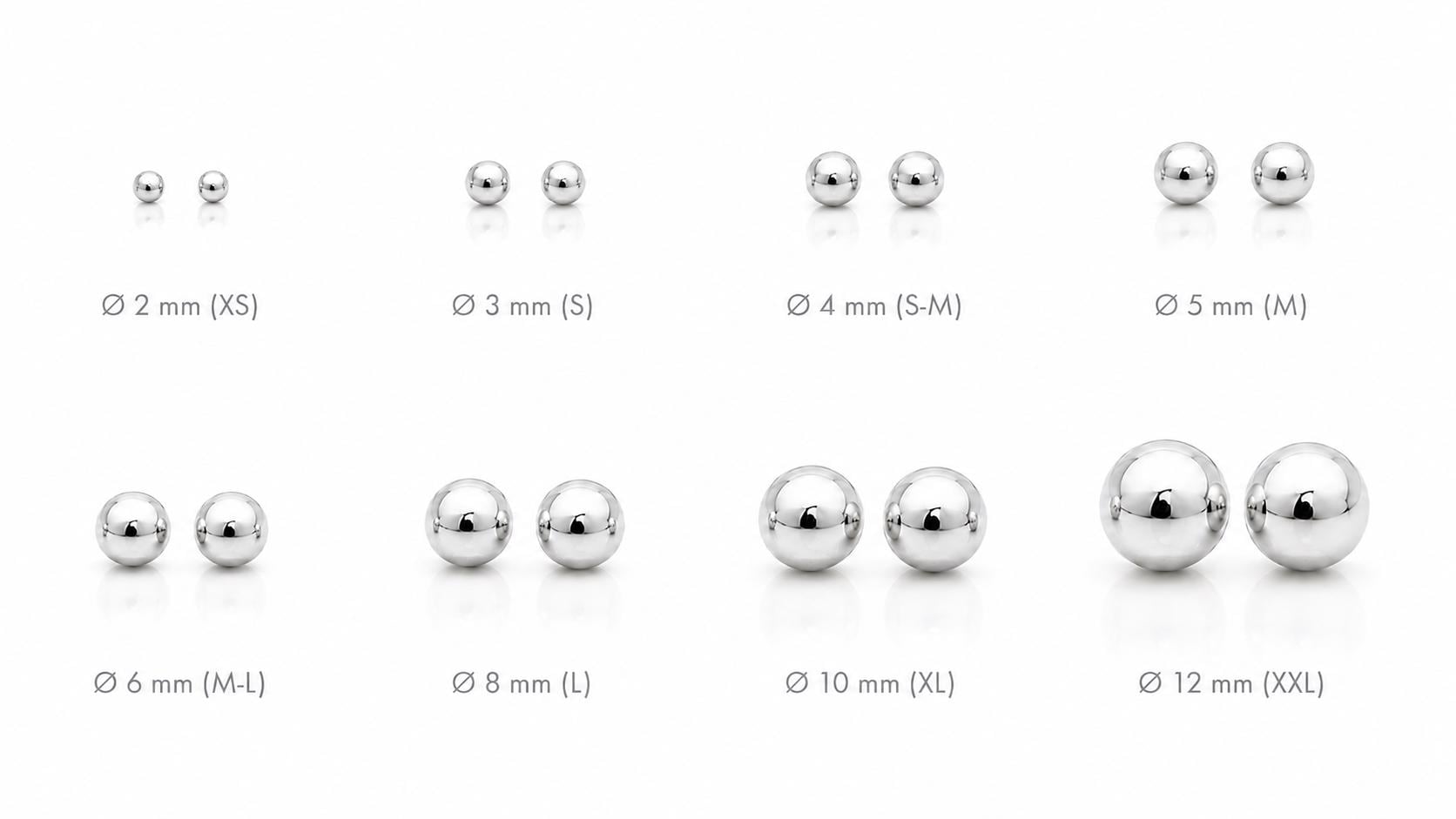 Boucles classiques Boule • Argent 925 • Clous d'oreilles boules sphère • Huit tailles : 2 mm, 3 mm, 4 mm, 5 mm, 6 mm, 8 mm, 10 mm, 12 mm