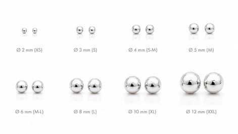 Boucles classiques Boule • Argent 925 • Clous d'oreilles boules sphère • Huit tailles : 2 mm, 3 mm, 4 mm, 5 mm, 6 mm, 8 mm, 10 mm, 12 mm