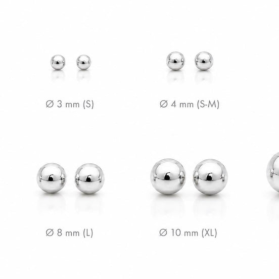 Boucles classiques Boule • Argent 925 • Clous d'oreilles boules sphère • Huit tailles : 2 mm, 3 mm, 4 mm, 5 mm, 6 mm, 8 mm, 10 mm, 12 mm