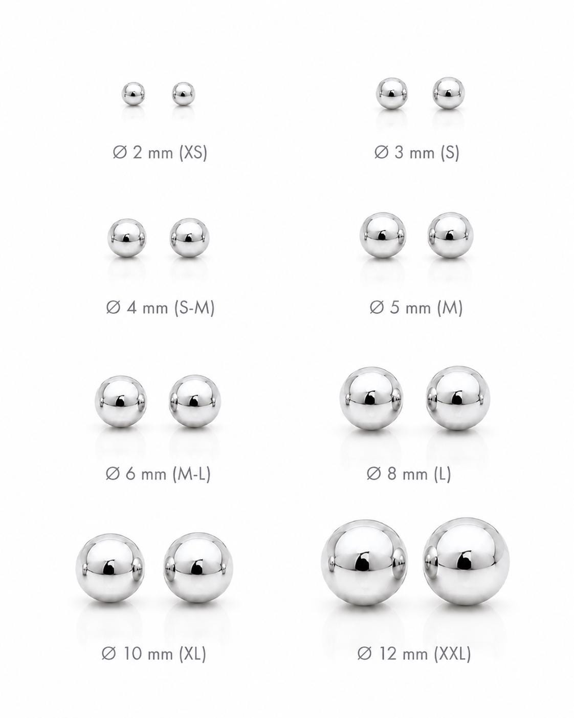 Boucles classiques Boule • Argent 925 • Clous d'oreilles boules sphère • Huit tailles : 2 mm, 3 mm, 4 mm, 5 mm, 6 mm, 8 mm, 10 mm, 12 mm