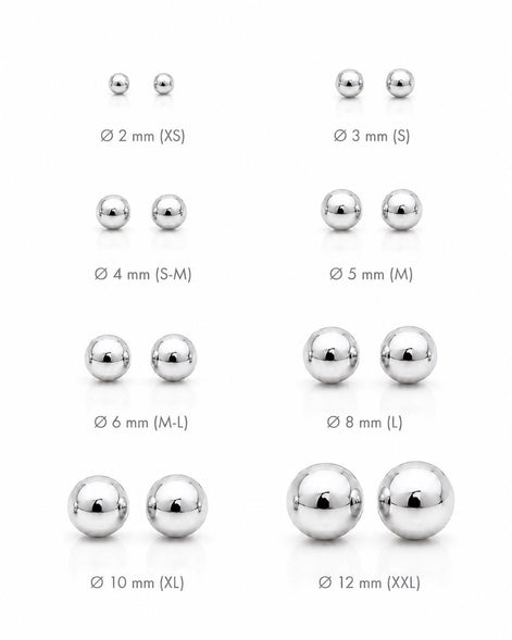 Boucles classiques Boule • Argent 925 • Clous d'oreilles boules sphère • Huit tailles : 2 mm, 3 mm, 4 mm, 5 mm, 6 mm, 8 mm, 10 mm, 12 mm