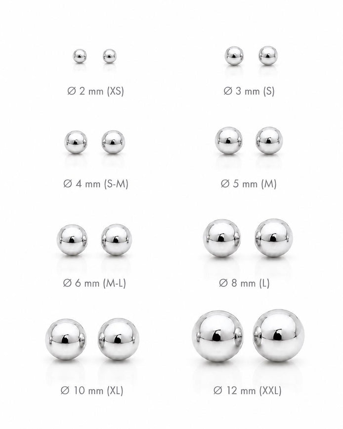 Boucles classiques Boule • Argent 925 • Clous d'oreilles boules sphère • Huit tailles : 2 mm, 3 mm, 4 mm, 5 mm, 6 mm, 8 mm, 10 mm, 12 mm