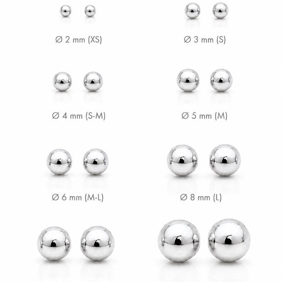 Boucles classiques Boule • Argent 925 • Clous d'oreilles boules sphère • Huit tailles : 2 mm, 3 mm, 4 mm, 5 mm, 6 mm, 8 mm, 10 mm, 12 mm
