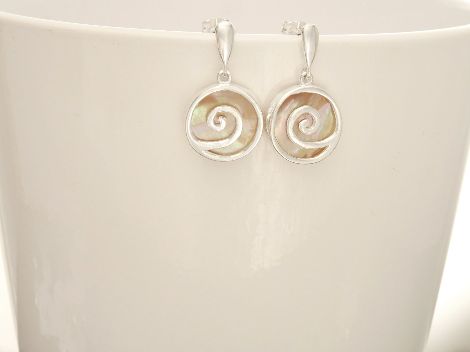 Spiral Earrings and Pendant Set, Sterling Silver, Swirl Jewelry, Copper Color Paua Shell, Jewelry, Boho Jewelry.