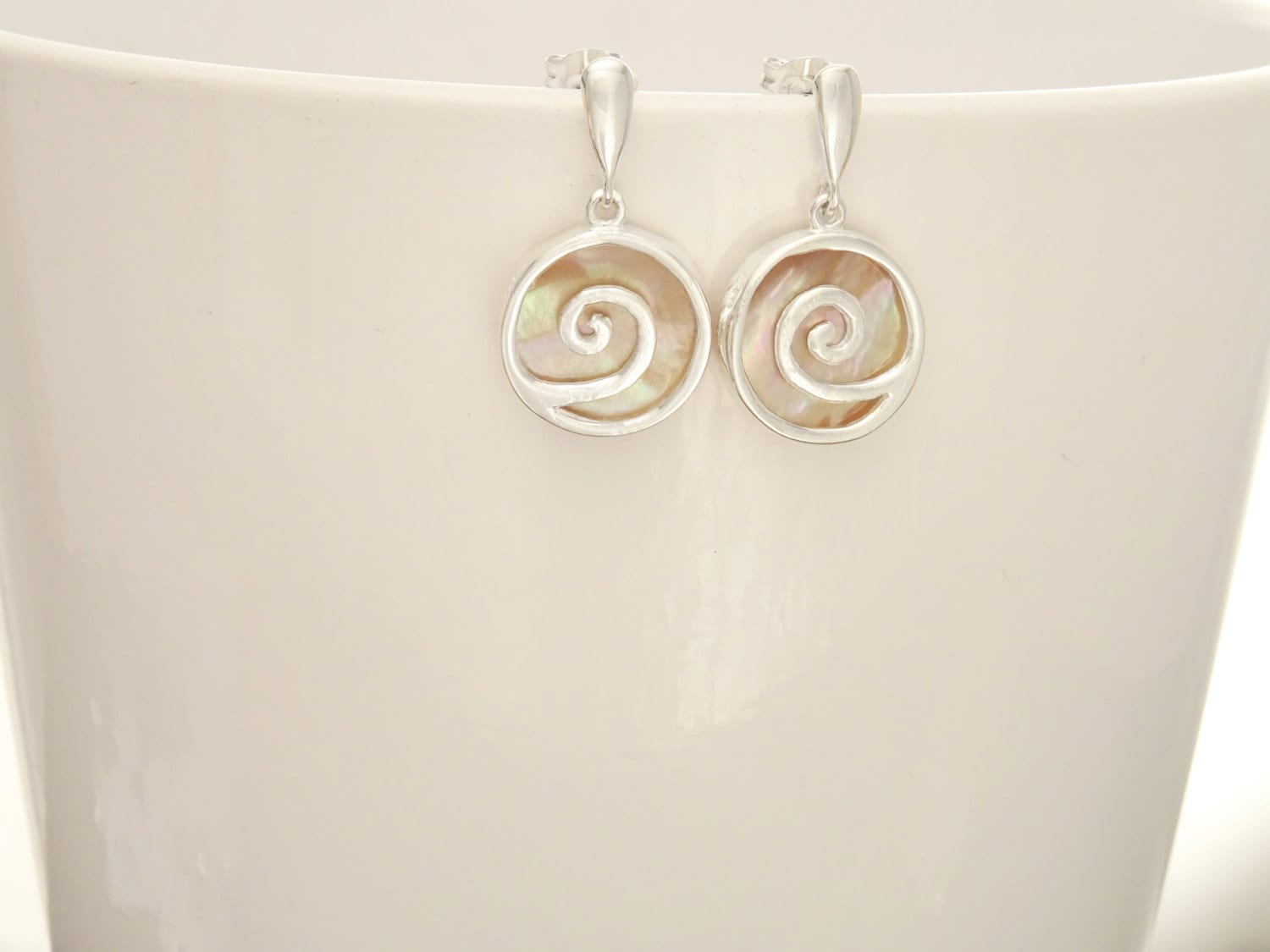Paua Shell Spiral earrings, Sterling Silver, Dangle Earrings, Geometric, Round, GENUINE Brown Gold Mother of Pearl with Rainbow Colors