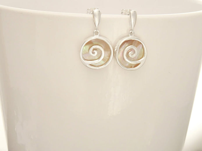 Paua Shell Spiral earrings, Sterling Silver, Dangle Earrings, Geometric, Round, GENUINE Brown Gold Mother of Pearl with Rainbow Colors