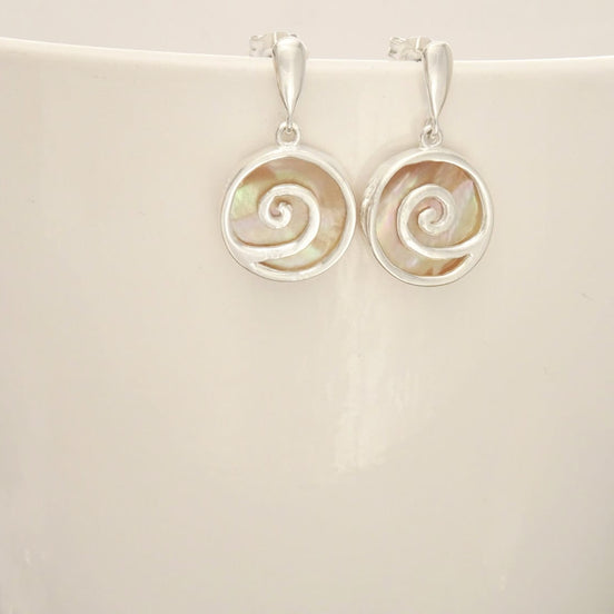 Paua Shell Spiral earrings, Sterling Silver, Dangle Earrings, Geometric, Round, GENUINE Brown Gold Mother of Pearl with Rainbow Colors