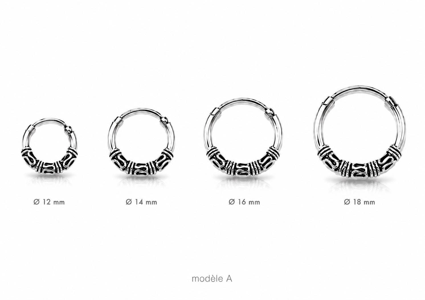 Boucles d'oreilles créoles Bali • Argent massif 925 • Anneaux tribales 12 mm, 14 mm, 16 mm, 18 mm • Bijoux ethniques chic