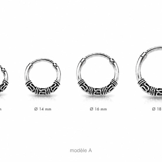 Boucles d'oreilles créoles Bali • Argent massif 925 • Anneaux tribales 12 mm, 14 mm, 16 mm, 18 mm • Bijoux ethniques chic