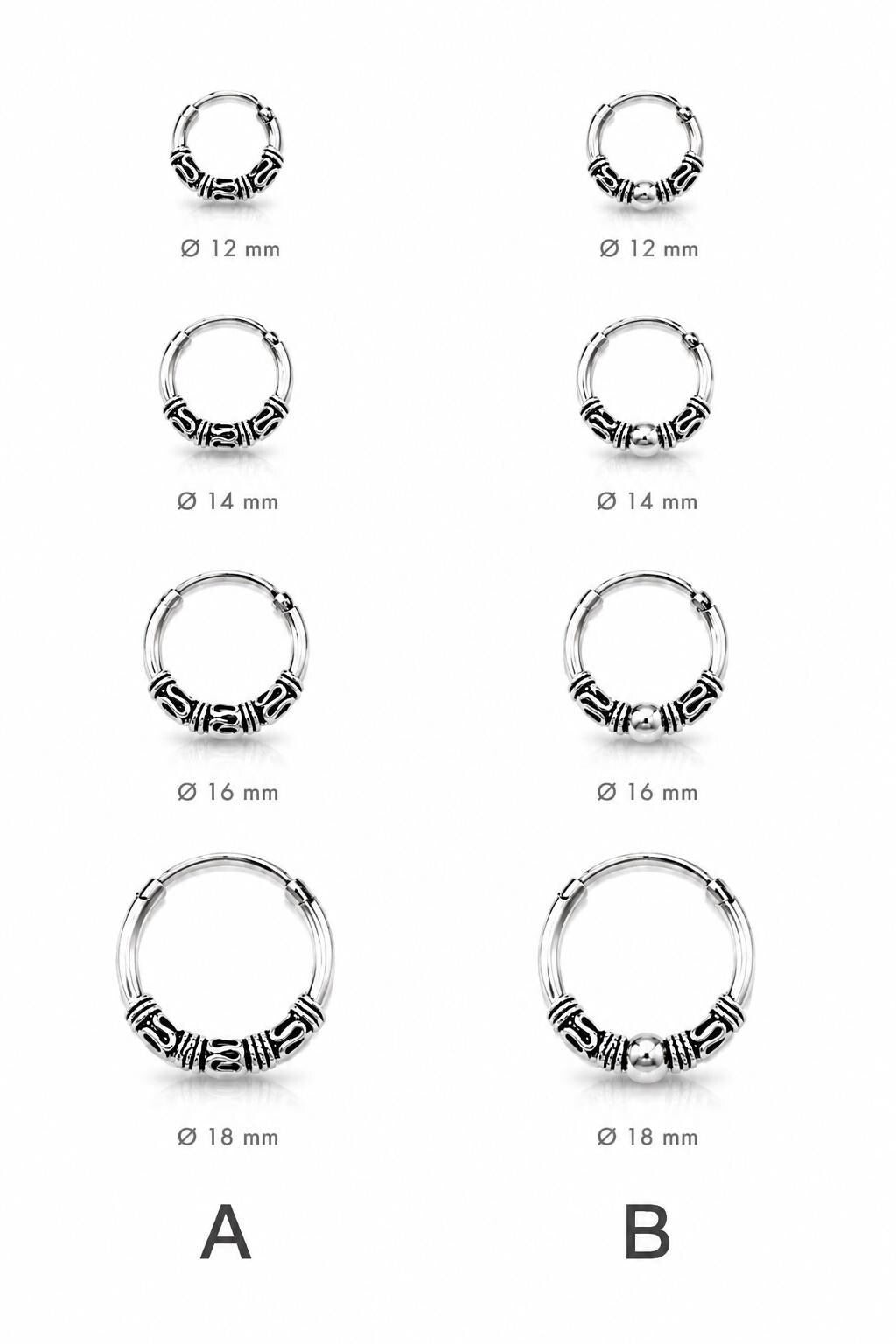 Boucles d'oreilles créoles Bali • Argent massif 925 • Anneaux tribales 12 mm, 14 mm, 16 mm, 18 mm • Bijoux ethniques chic