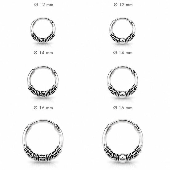 Boucles d'oreilles créoles Bali • Argent massif 925 • Anneaux tribales 12 mm, 14 mm, 16 mm, 18 mm • Bijoux ethniques chic