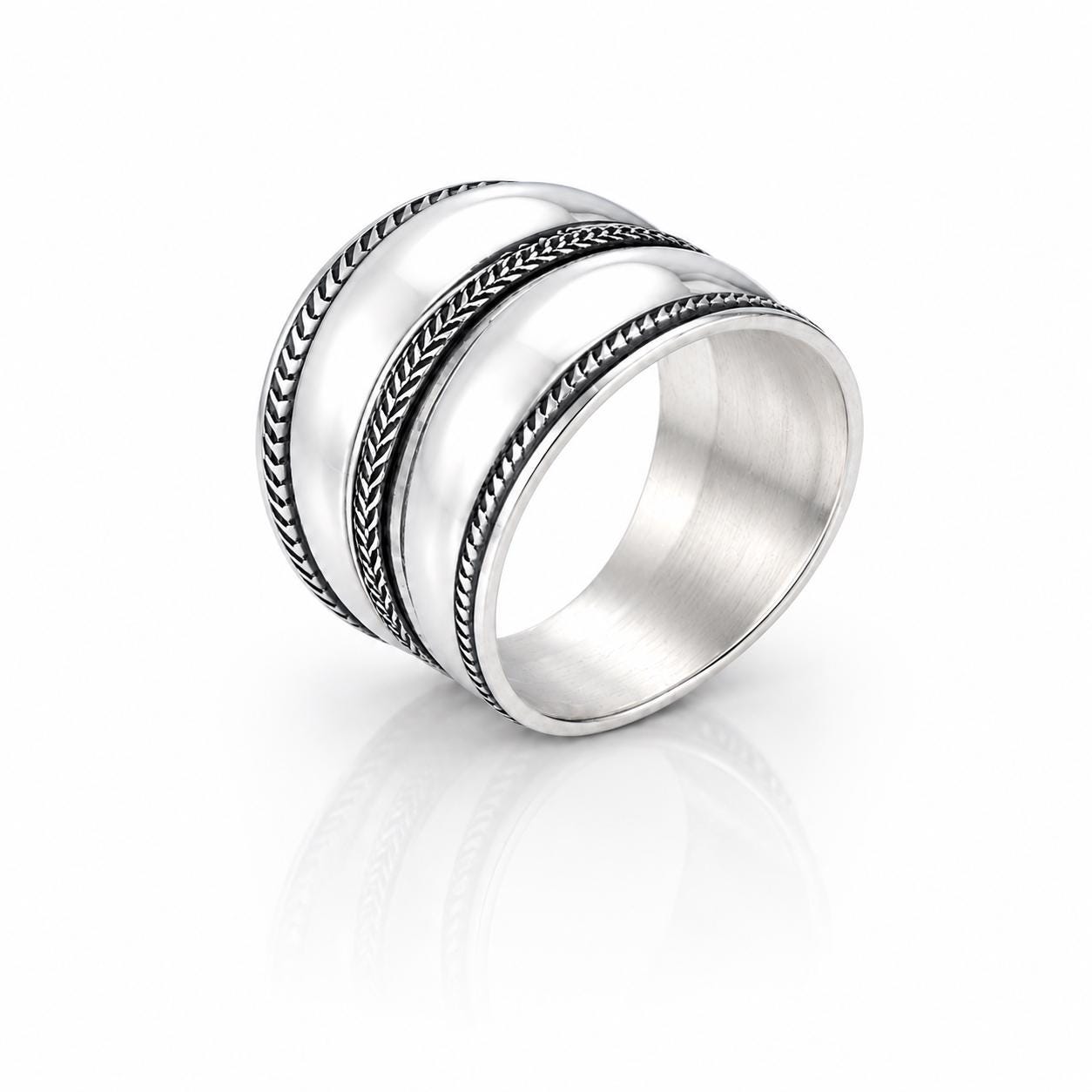 Bague armure Bali • Anneau Large bombé en argent 925 • Motif tressé • Bijou tribal unisexe