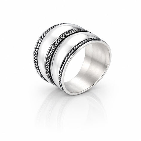 Bague armure Bali • Anneau Large bombé en argent 925 • Motif tressé • Bijou tribal unisexe