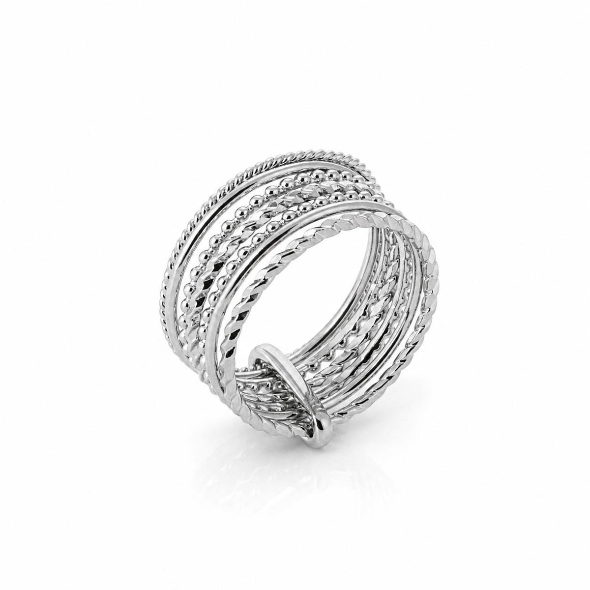 Bague Semainier argent 925 • Anneau « Sept jours » à texture torsadée et perlées superposées • Bague semaine à anneaux multiples