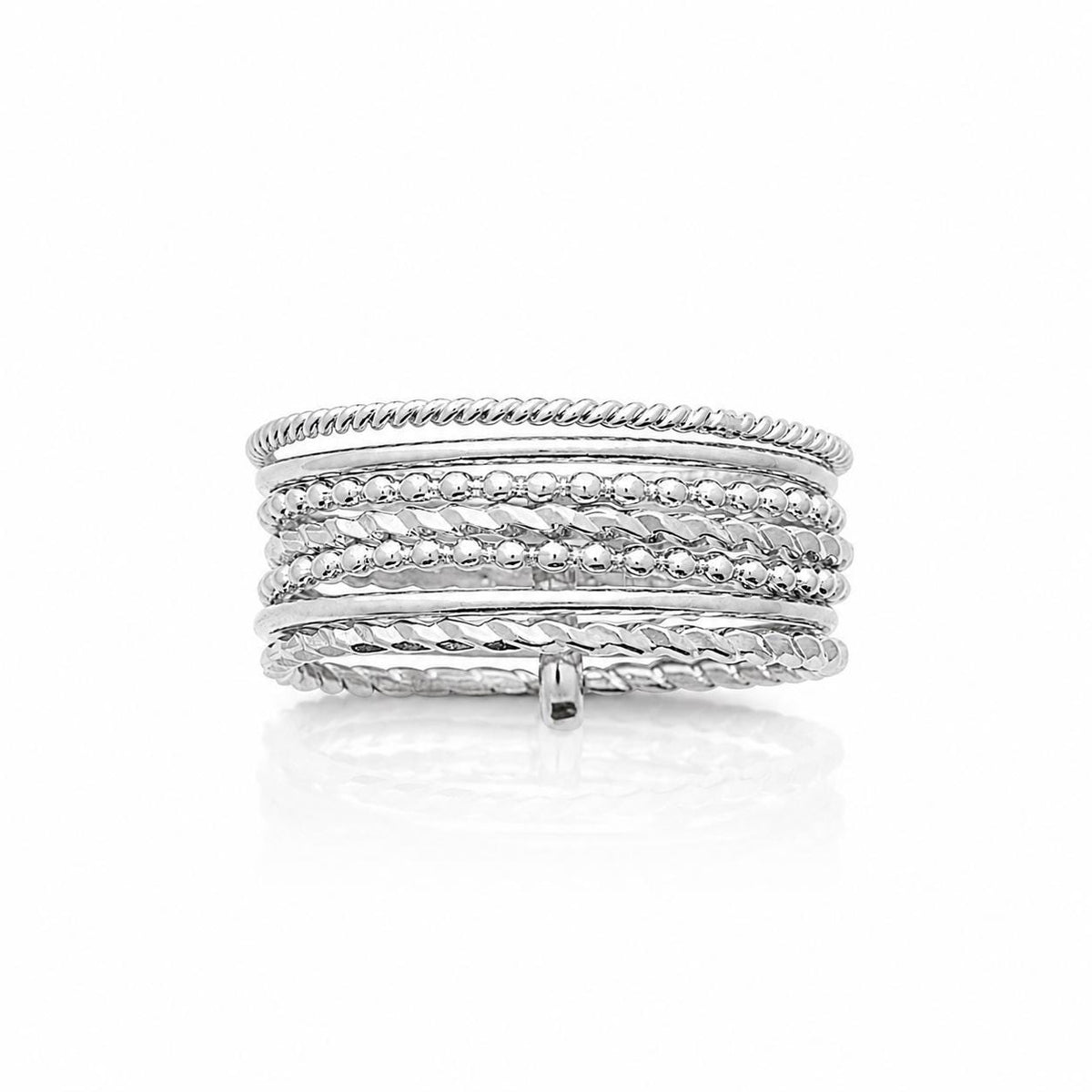 Bague Semainier argent 925 • Anneau « Sept jours » à texture torsadée et perlées superposées • Bague semaine à anneaux multiples