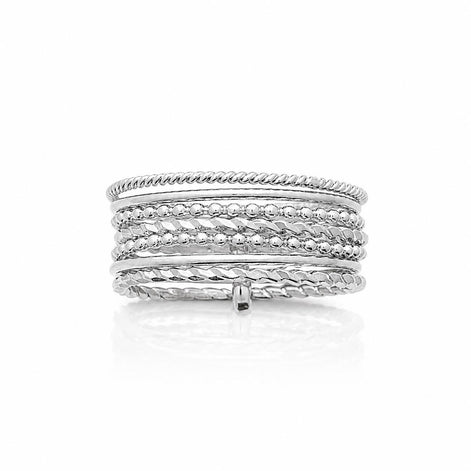 Bague Semainier argent 925 • Anneau « Sept jours » à texture torsadée et perlées superposées • Bague semaine à anneaux multiples