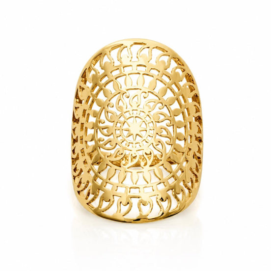 Bague mandala filigrane • Plaqué Or 18K • Grand anneau bombé ajouré • Bijou boho élégant