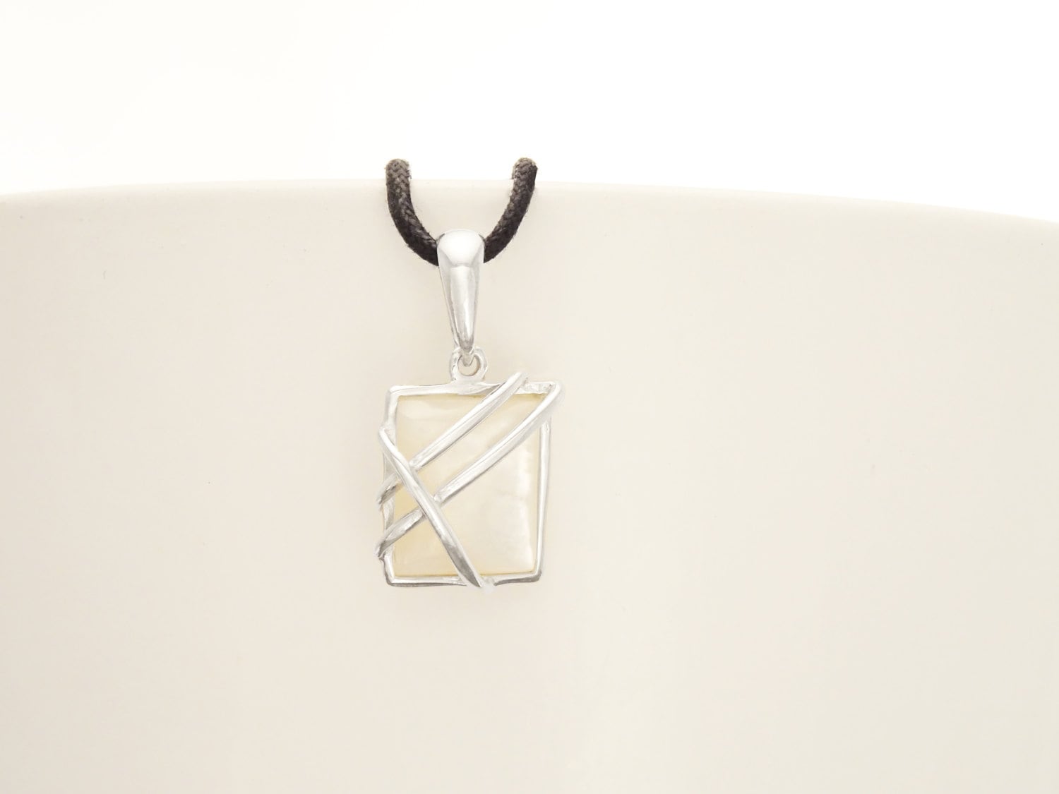 White MOP Pendant, Sterling Silver, Hipster Jewelry, Genuine Mother of Pearl Shell, Modern Square Pendant Necklace
