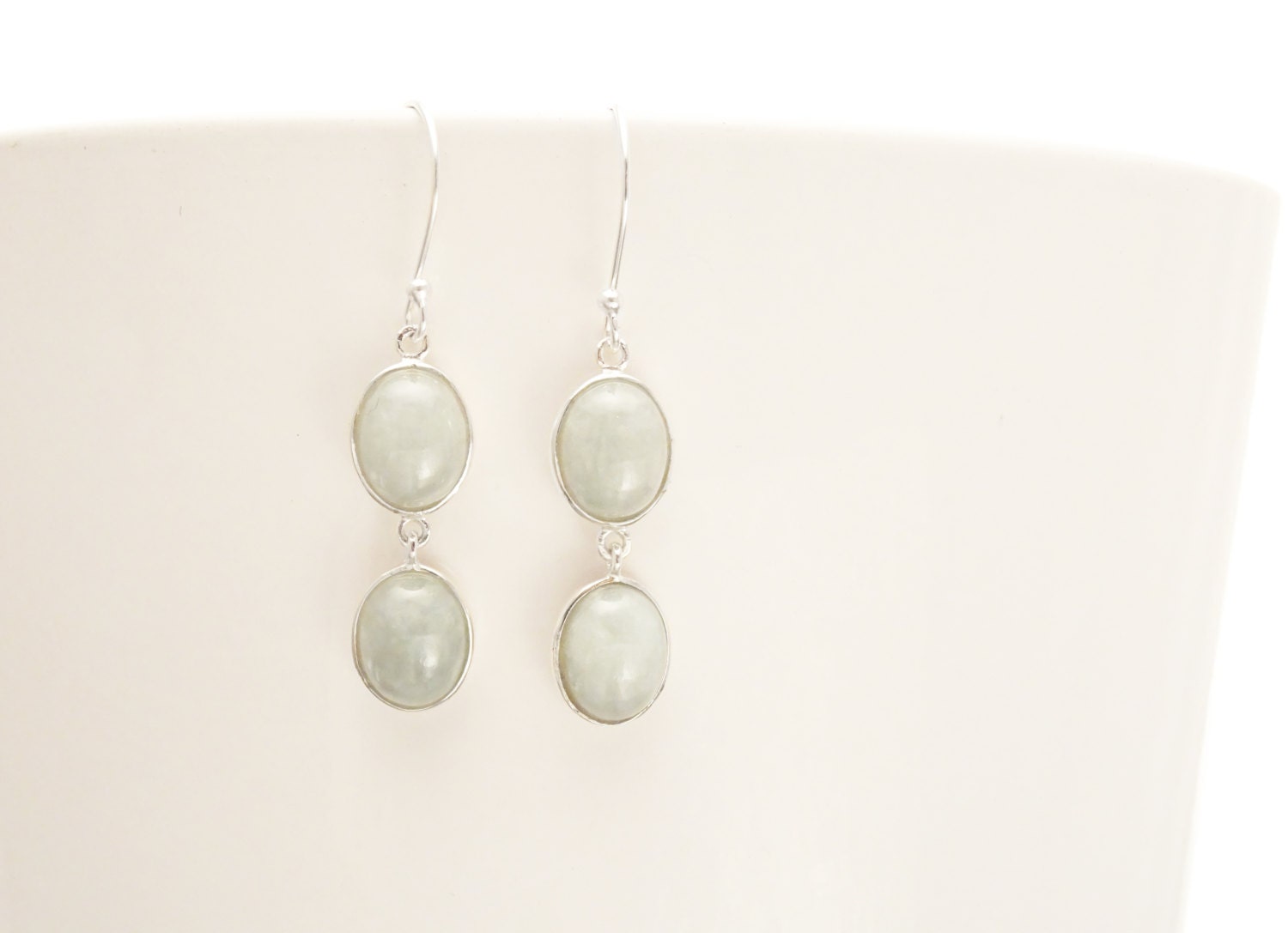 Jade Earrings, Sterling Silver, NATURAL Light Green Jade Gemstone, Minimalist Drop Stone Earrings, Modern Dangle Oval Stones Jewelry