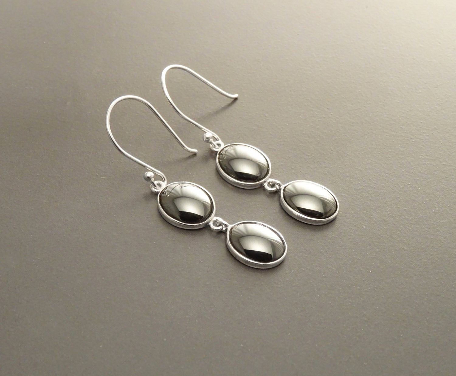 Gray Hematite Stone Earrings, Sterling Silver, NATURAL Grey Hematite Gemstone, Minimalist Modern Jewelry, Dangle Drop Oval 2 Stones Earrings