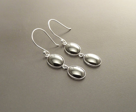 Gray Hematite Stone Earrings, Sterling Silver, NATURAL Grey Hematite Gemstone, Minimalist Modern Jewelry, Dangle Drop Oval 2 Stones Earrings