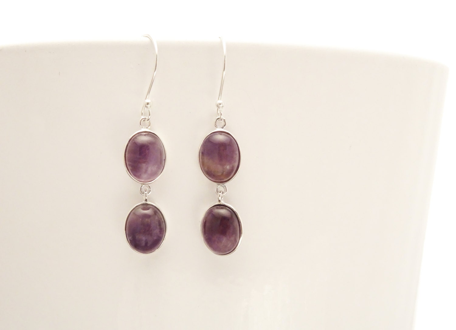 Amethyst Earrings • Solid Sterling Silver 925 • Long Drop Earrings • February Birthstone • Modern Lithotherapy Jewelry