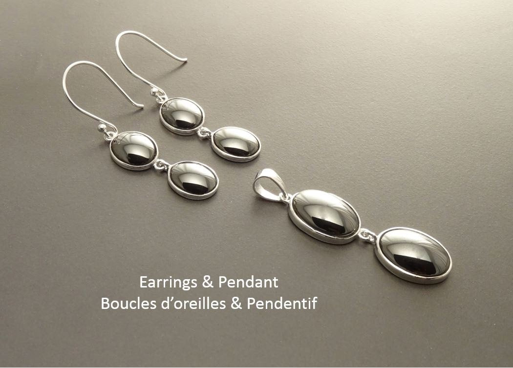 Gray Stone Earrings , Sterling Silver, Grey Hematite Stones Set, Dangle Oval Pendant, Modern Minimalist Drop Gemstone Necklace Gift