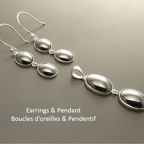 Gray Stone Earrings , Sterling Silver, Grey Hematite Stones Set, Dangle Oval Pendant, Modern Minimalist Drop Gemstone Necklace Gift