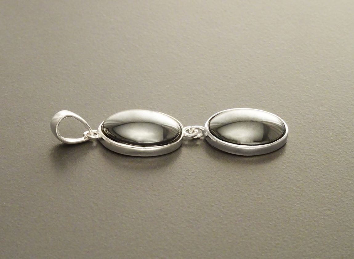Sterling Silver Oval Hematite Pendant Necklace, Minimalist Dark Grey Double Stone Jewelry