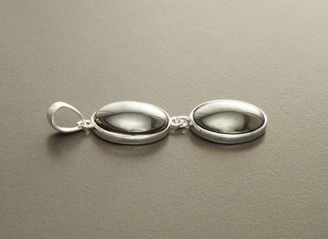 Sterling Silver Oval Hematite Pendant Necklace, Minimalist Dark Grey Double Stone Jewelry