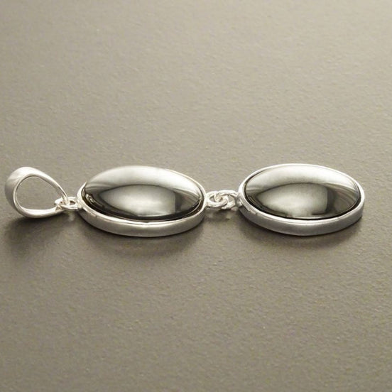 Sterling Silver Oval Hematite Pendant Necklace, Minimalist Dark Grey Double Stone Jewelry