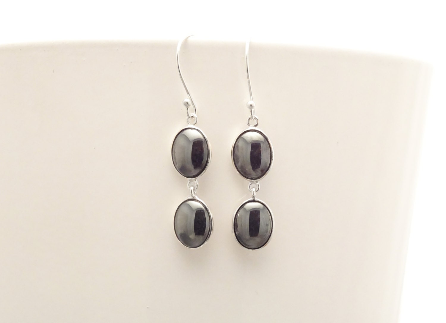Gray Stone Earrings , Sterling Silver, Grey Hematite Stones Set, Dangle Oval Pendant, Modern Minimalist Drop Gemstone Necklace Gift