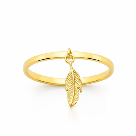 Bague talisman plume • Plaqué Or 18K • Petit anneau plume oiseau pendante • Bijou inspiré nature