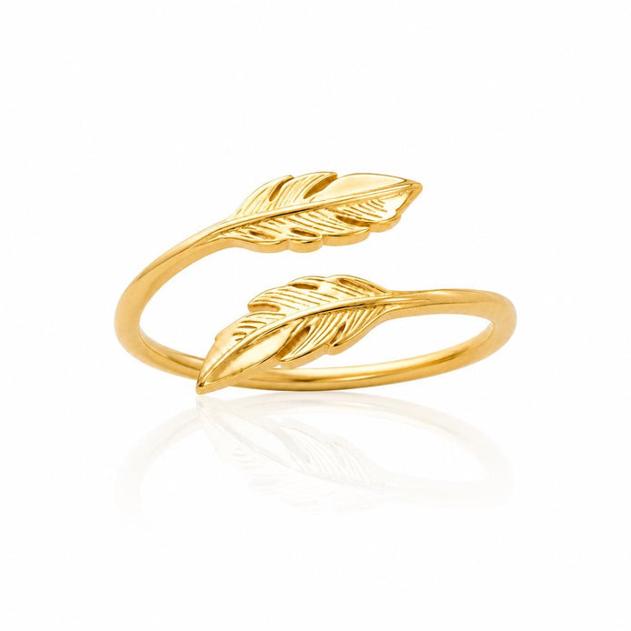 Bague Double Plume • Plaqué Or 18K • Anneau talisman ouvert forme de plume d'oiseau • Bijou inspiré de la nature